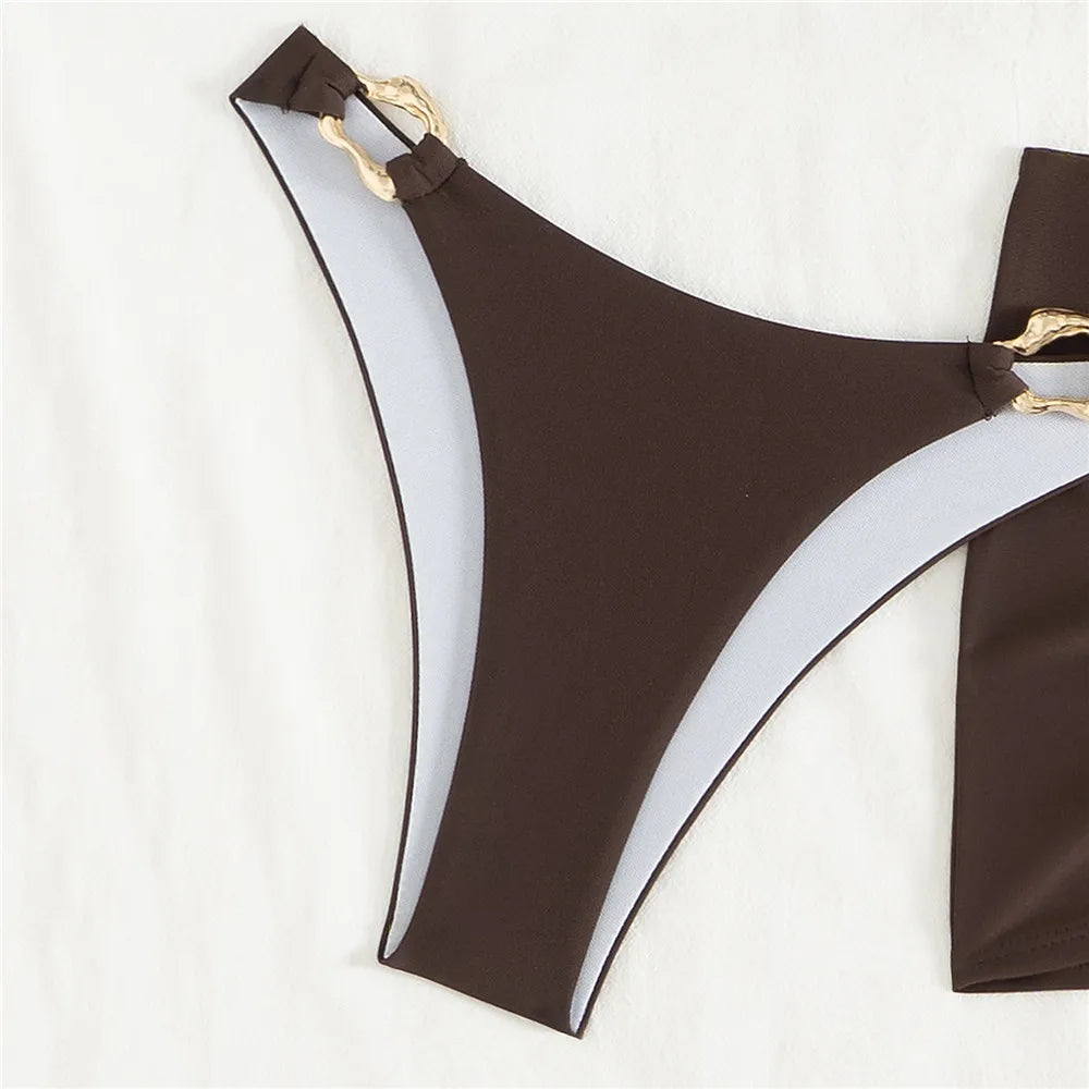 Brown Bandeau Bikinis De Mujer Sexy Swimsuit Cover Ups Women Metal Ring Swimwear 2025 Beach Wear Mini Skirts 3 Bikini Piece Set