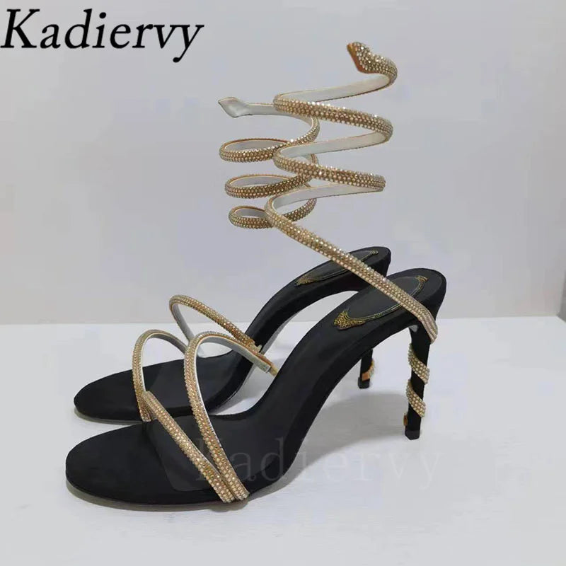 Luxury High Heels Sandals Woman Rhinestone Snake Twine Around Ankle Strap Wedding Shoes Stiletto Summer Gladiator Sandals Women