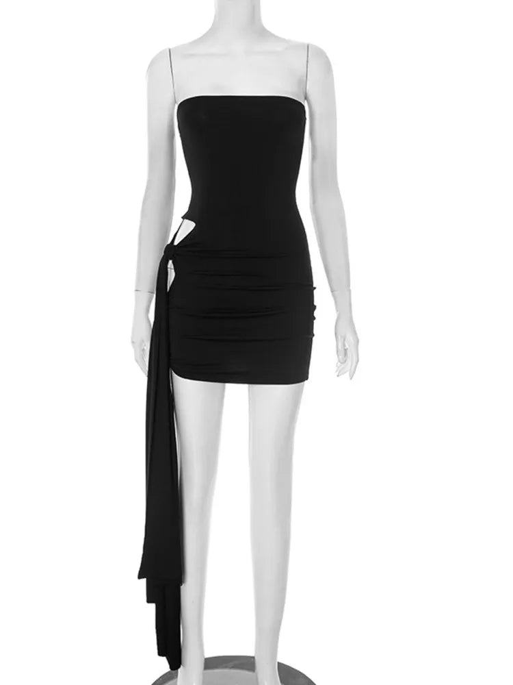 Mozision Off-shoulder Strapless Ruched Sexy Mini Dress Women Fashion Hollow Out Sleeveless Backless Draped Club Party Dresses