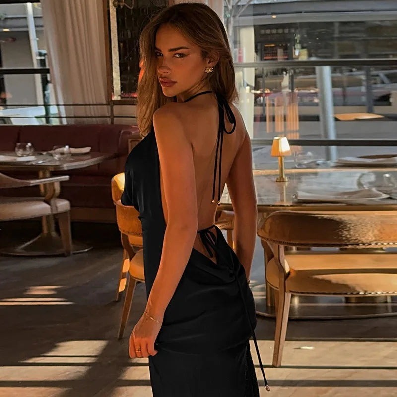 Talenza Sexy Deep V-Neck Long Dress Solid Fashion Ruched Lace Up Backless Slim Dress Elegant Vintage Luxury Party Evening Dress