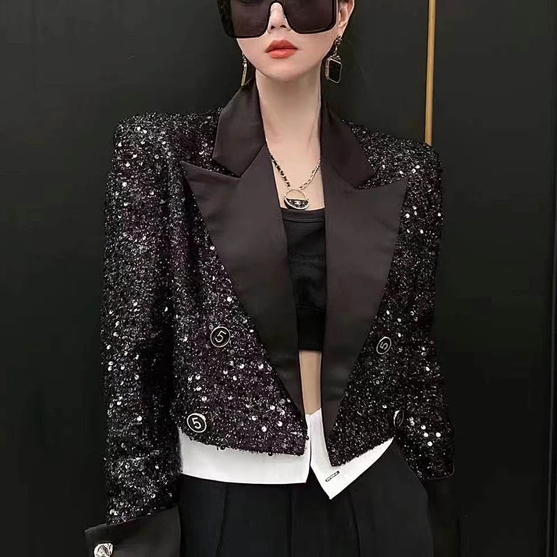 Elegant Sequined Blazer Women Spring Autumn Vintage Notched Long Sleeve Tops Crop Jacket Black Coat Cardigan Outwear