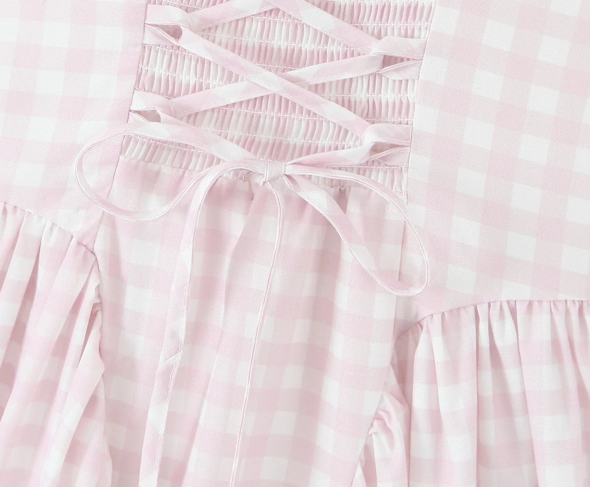 YENKYE Lace Up Bandage Plaid Sling Dress Women Elegant Square Neck Low Waist A-line Midi Summer Dresses Holiday Party Robe 2025