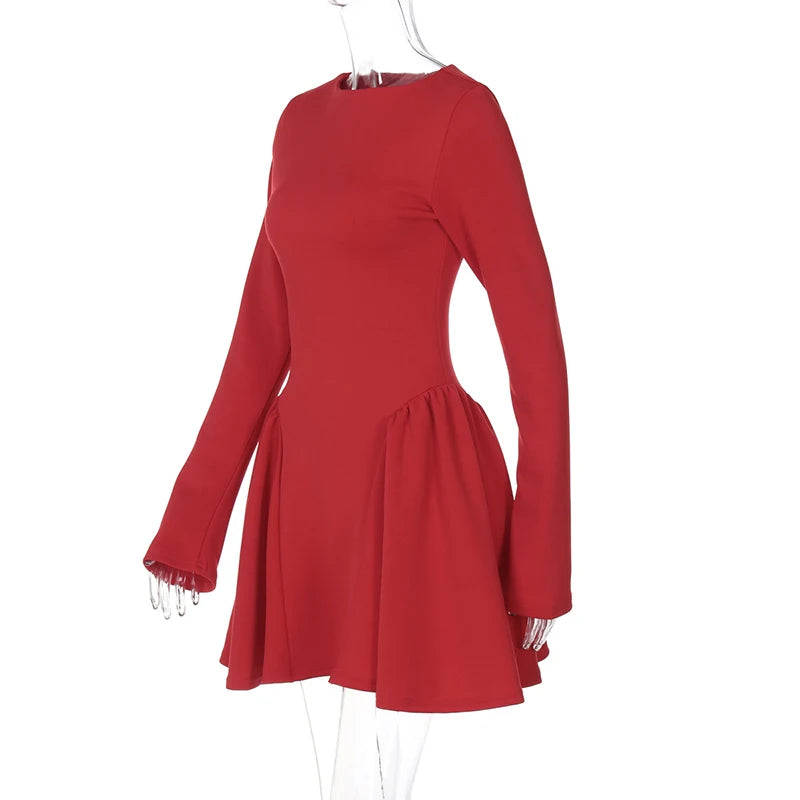 Mozision Elegant Long Sleeve Sexy Mini Dress For Women Solid O Neck High Waist A-line Bodycon Club Party Dress Clubwear New