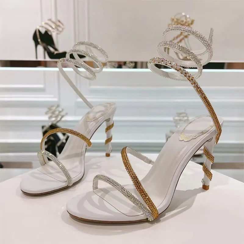 Luxury High Heels Sandals Woman Rhinestone Snake Twine Around Ankle Strap Wedding Shoes Stiletto Summer Gladiator Sandals Women