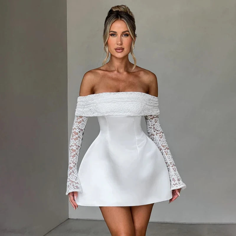 NIDANSSI White Lace Strapless Pleated Evening Party Dress Women Backless Elegant Sexy Dress Bodycon Mini Winter Dress Vestidos