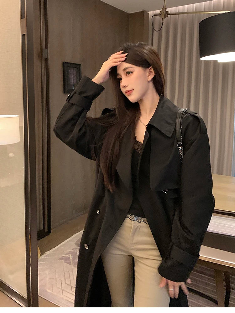 Lautaro Spring Autumn Long Black Hard Waterproof Trench Coat for Women Belt Double Breasted High Quality Luxury Overcoat 2024