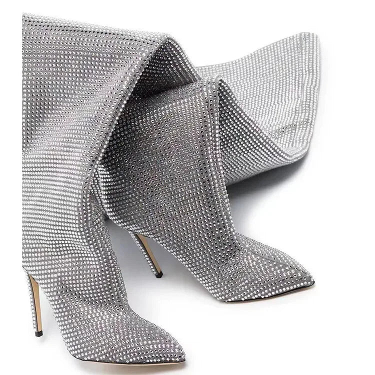 High quality European and American knee length rhinestone pile boots for women's sexy slim high heeled pointed runway boots