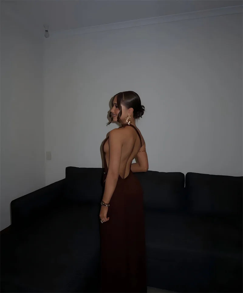 Mozision One Shoulder Backless Sexy Maxi Dress Women Gown Fashion Metal Buckle Diagonal Collar Sleeveless Draped Club Long Dress