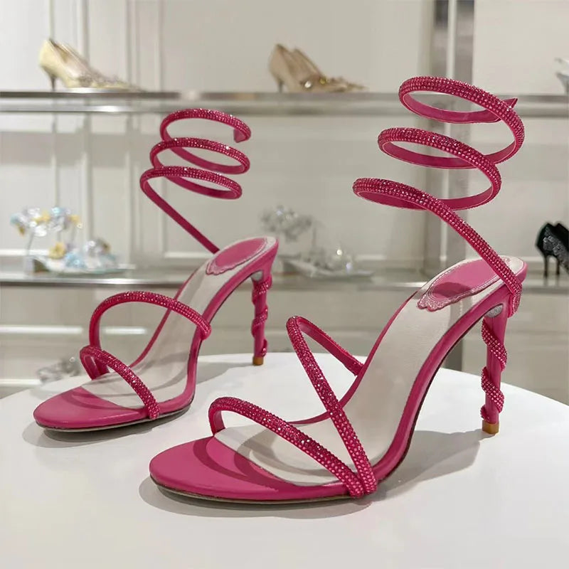Luxury High Heels Sandals Woman Rhinestone Snake Twine Around Ankle Strap Wedding Shoes Stiletto Summer Gladiator Sandals Women