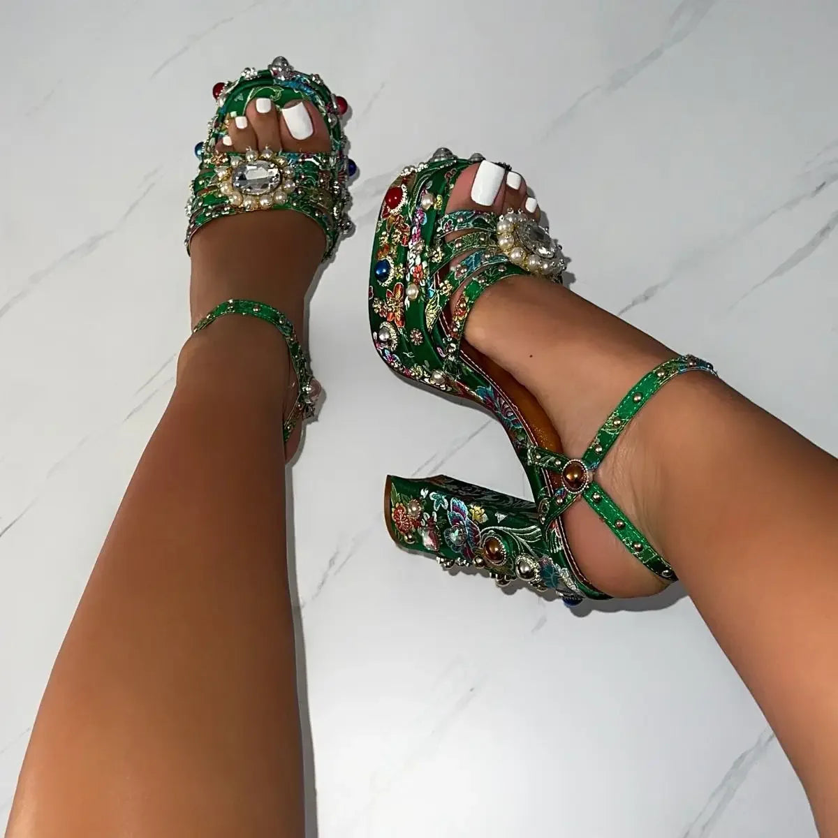 2025 Women's High-heeled Thick Soled Single Buckle Sandals with European and American Sexy Silk Rhinestone Party Shoes