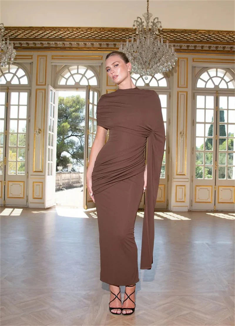 Mozision Half High Collar Ruched Sexy Mini Dress Women Gown Elegant Short Sleeve High Waist Draped Club Party Long Dresses