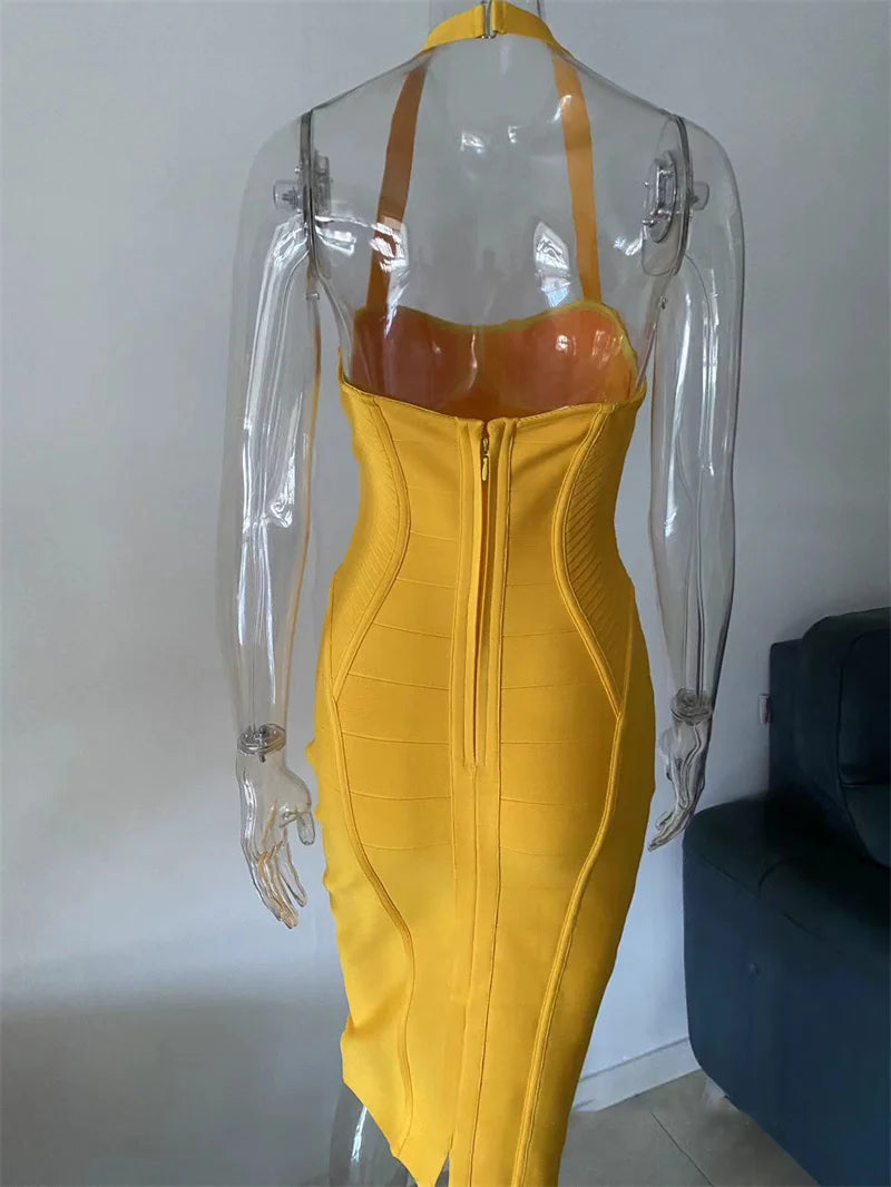 Mozision Backless Bandage Sexy Midi Dress Women Fashion Halter Off-shoulder Sleeveless Backless Bodycon Club Party Long Dress