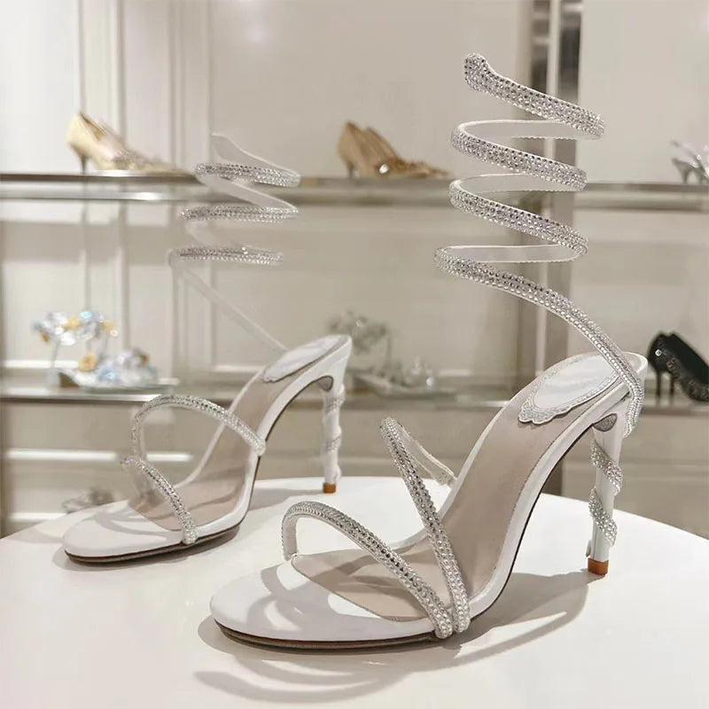 Luxury High Heels Sandals Woman Rhinestone Snake Twine Around Ankle Strap Wedding Shoes Stiletto Summer Gladiator Sandals Women