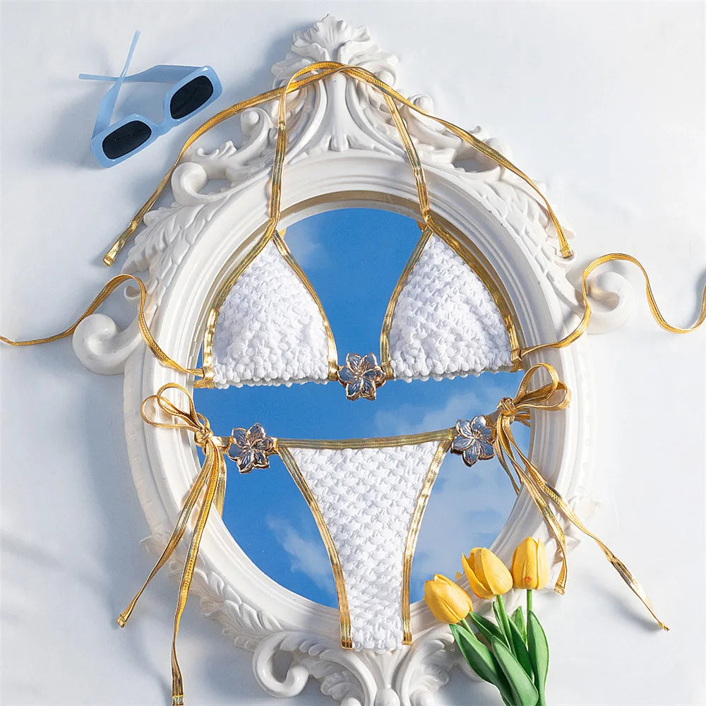 Metal Flower Ornament Sexy Swimsuit Women Halter String Triangle Micro Bikini Thong Swimwear Bathing Suit White Bikinis Sets Wofashion.xyz