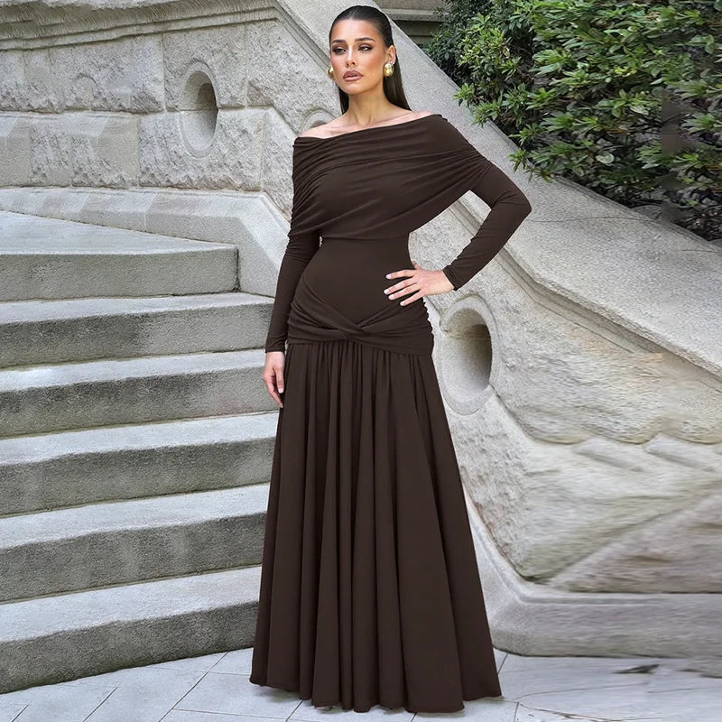Dulzura Off Shoulder Long Sleeve Backless Ruched Slim Fit Pleated Long Dress Women'S Solid Sexy Dress Clothes Party Club Clothes