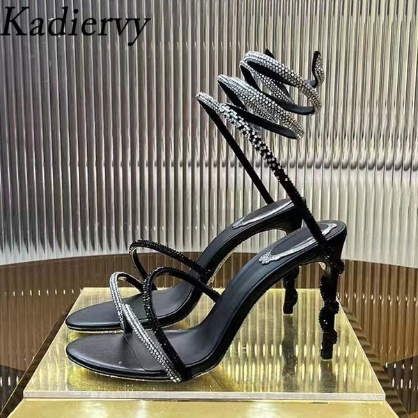 Luxury High Heels Sandals Woman Rhinestone Snake Twine Around Ankle Strap Wedding Shoes Stiletto Summer Gladiator Sandals Women Wofashion.xyz