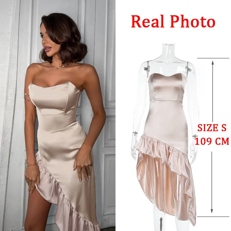 NIDANSSI 2025 Strapless Backless Backless Evening Party Dress Women Ruffle Elegant Sexy Dress Bodycon Midi Summer Dress Vestidos