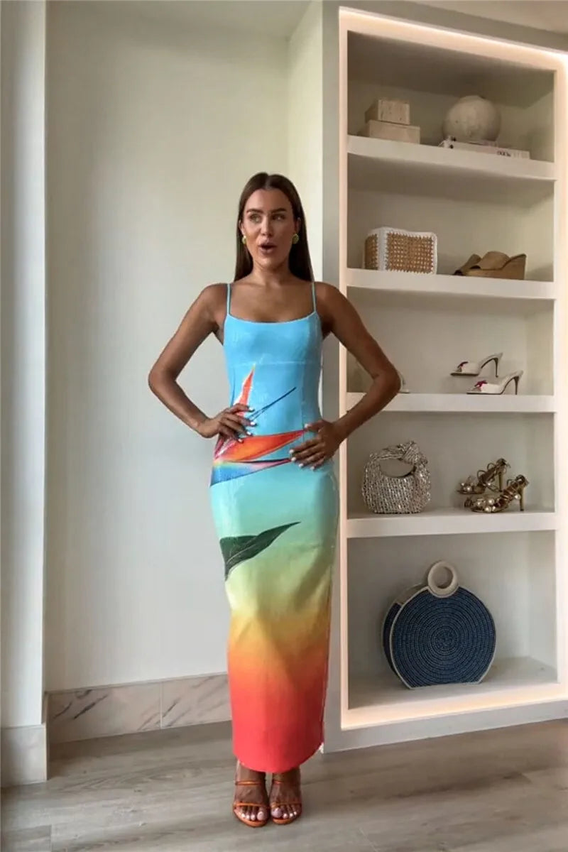 Mozision Floral Print Sexy Maxi Dress For Women Spaghetti Strap Sleeveless Backless Bodycon Slipdress Sequins Club Party Dress