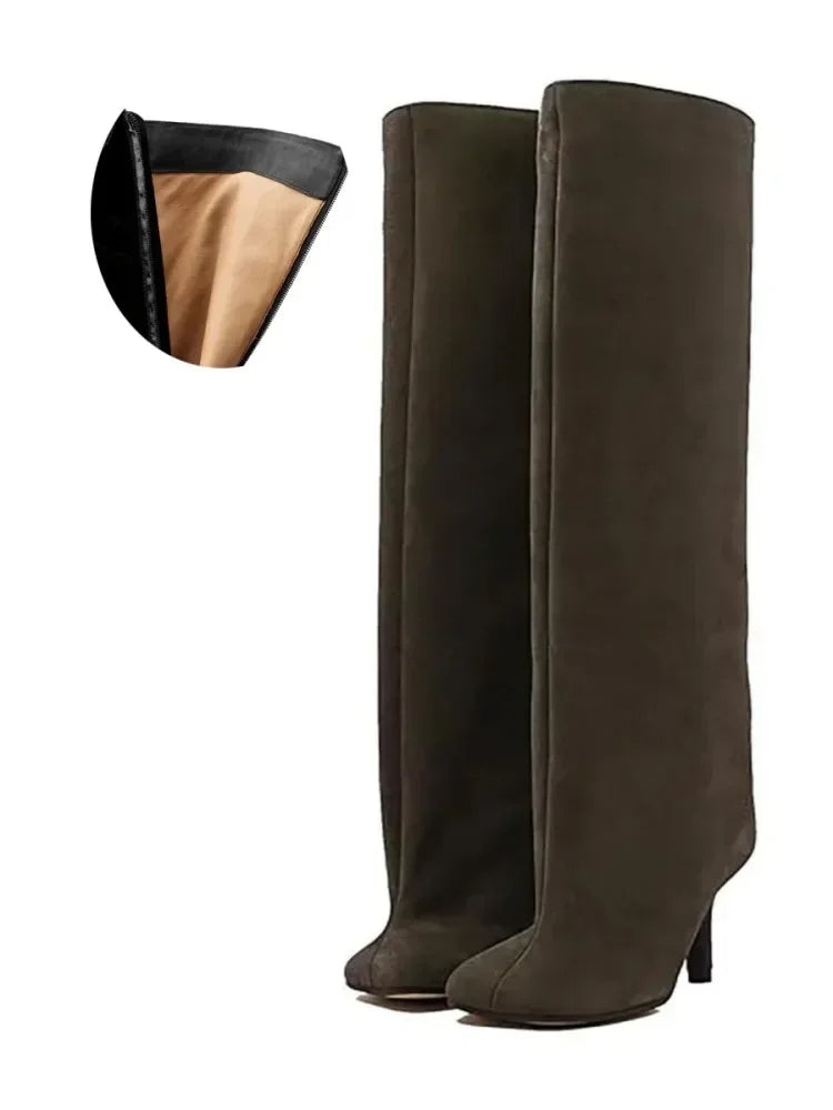 2024 European and American Fashion Stiletto Heels Wide Leg Knee Sleeve Boots Women's Square Head Suede Warm Boots