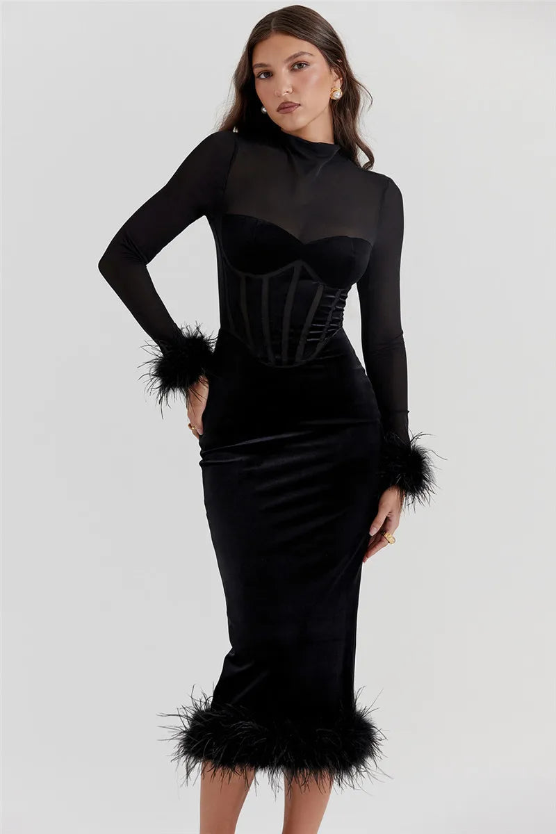 Mozision Elegant Feather Sexy Midi Dress For Women Black Fashion Sheer Long Sleeve Backless Bodycon Club Party Long Dress