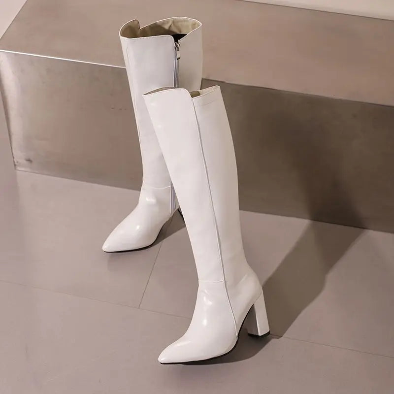 REAVE CAT Sexy Female Knee High Boots Pointed Toe Chunky Heels 8.5cm Big Size 46 47 48 Fashion Party Women Booties