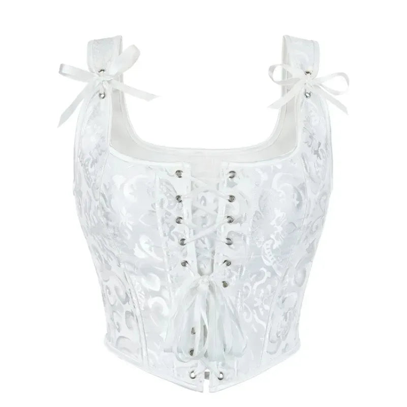Vintage Women Corset Printed Sleeveless Lace Up Bandage Slim Crop Tops Tank Fashion Sexy Female Bustier Camisole