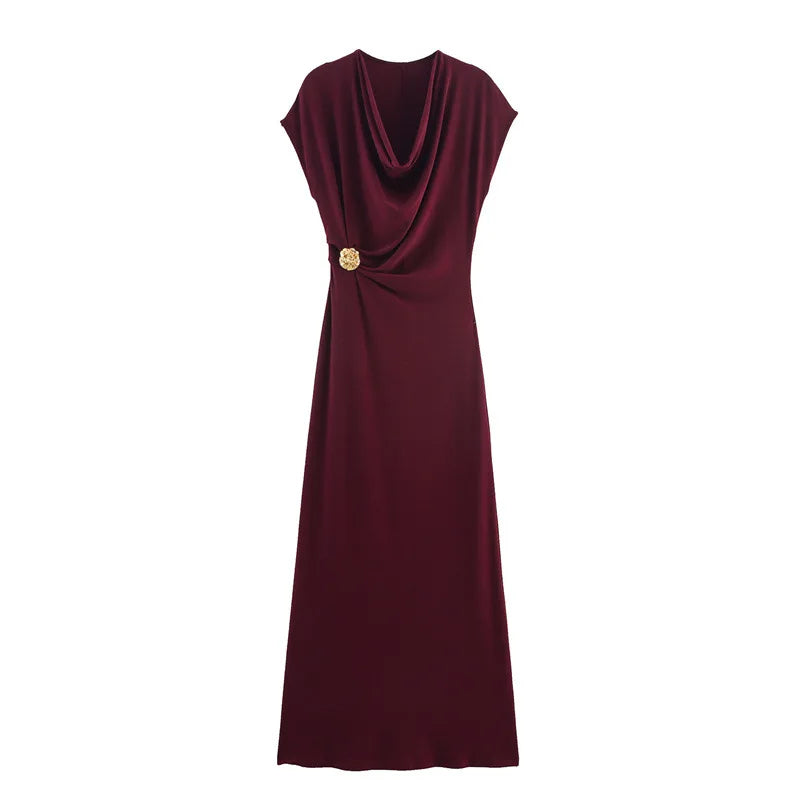 Women's Maxi Dress 2025 New Short Sleeve Pleated Gold Embellished Long Dress Female Elegant Personality Fashion Party Dresses