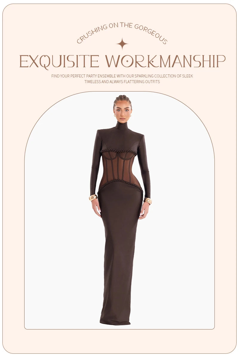 Luxury Sheer Corset Brown Long Dresses for Women – Long Sleeve High Neck See Through Bodycon Maxi Dress with Mesh Waist Detail