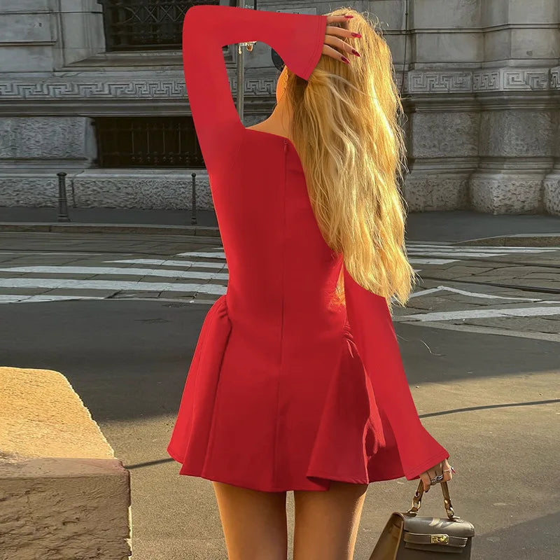 Mozision Elegant Long Sleeve Sexy Mini Dress For Women Solid O Neck High Waist A-line Bodycon Club Party Dress Clubwear New