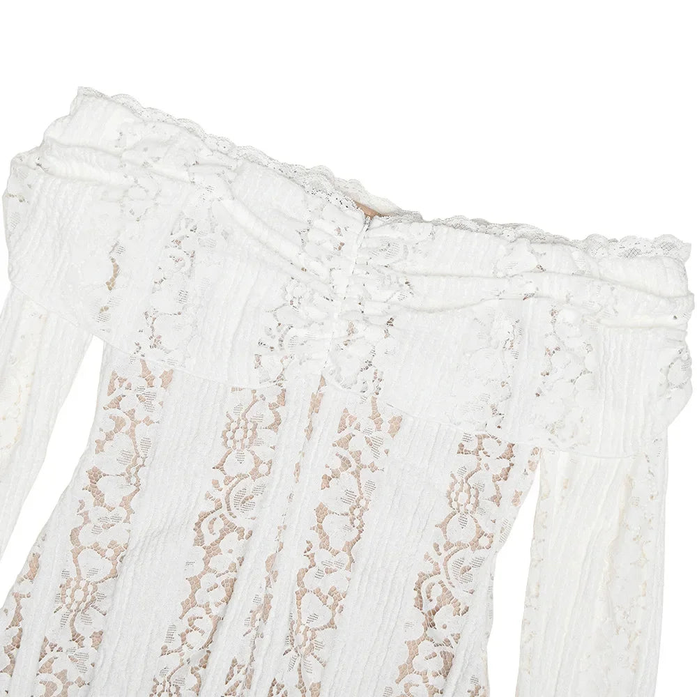 Oligai Autumn Off-Shoulder Maxi Dress Elegant Lace Flare Sleeves Red Evening Party Dress Women's New Arrival 2025 Cocktail Dress