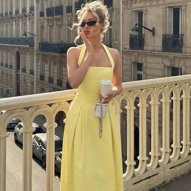 Mozision Halter Backless Sexy Midi Dress Women Fashion Solid Sleeveless High Waist A-line Club Party Pleated Long Dresses Female