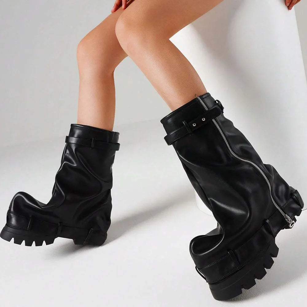 DoraTasia Fashion Women Fold Over Boots Chunky High Heels Mid Calf Platform Punk Gothic Fashion Metallic Motorcycle Shoes Woman