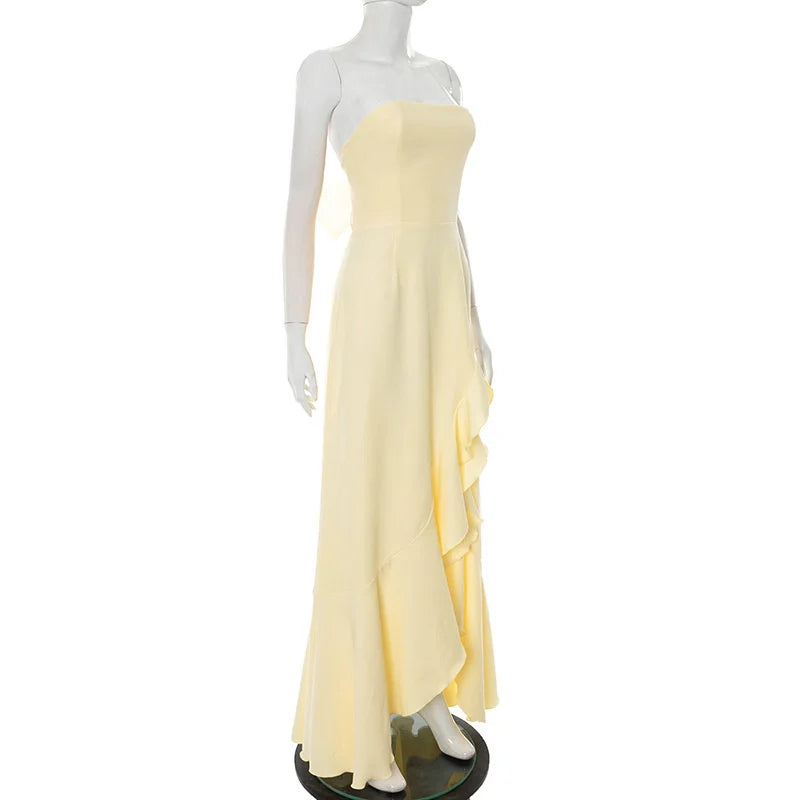 Mozision Off-shoulder Strapless Ruffled Sexy Maxi Dress Women Summer Fashion Backless Bow Thigh High Split Club Long Dress