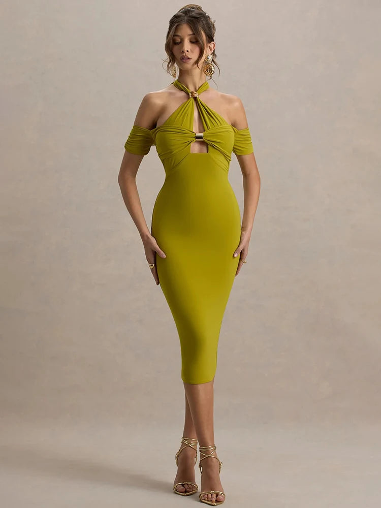 Mozision Hollow Out Halter Backless Sexy Midi Dress Women Fashion Off-shoulder Sleeveless Skinny Club Party Long Dress Elegant Wofashion.xyz