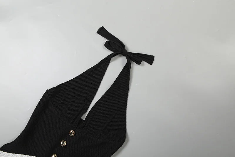 Mozision Halter V Neck Backless Sexy Maxi Dress Women Fashion Patchwork Button Sleeveless High Waist Ruched Club Party Dress