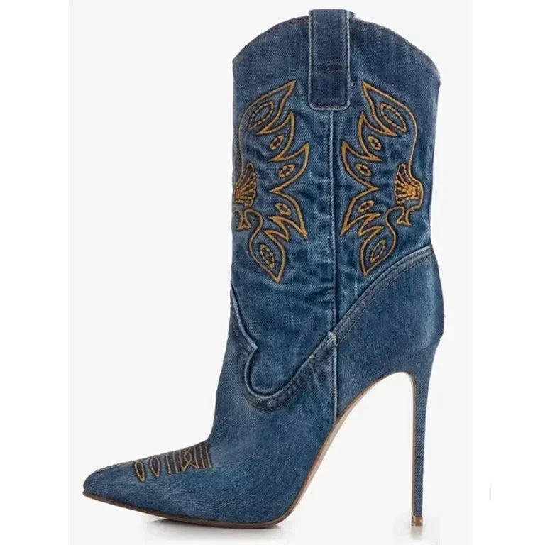 Women's Denim Western Cowboy Boots Pointed Toe Stiletto Heel, Sexy Embroidery Knight Runway Fashion Ankle Booties