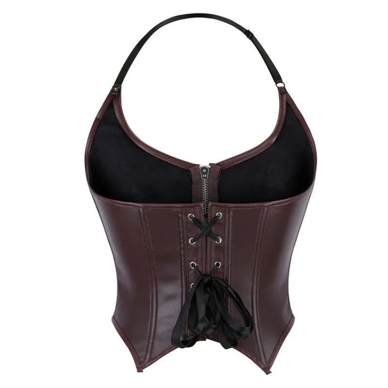 Women Sexy Faux Leathe Overbust Corset Crop Tops Gothic Zipper Halter Bustier Ladies Push Up Body Shaper Lingerie Corselet