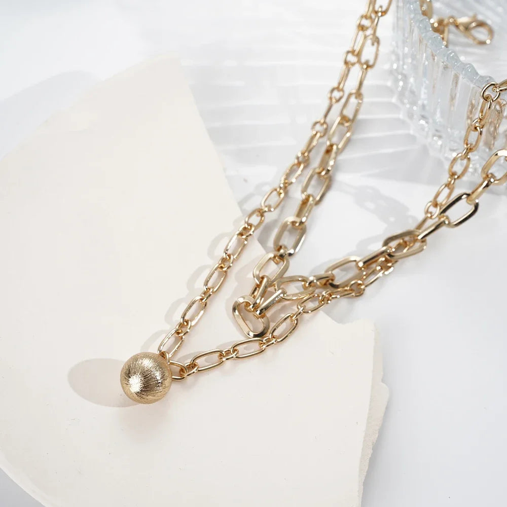 Fish Necklace for Women, Bohemian Fashion, Ethnic Hawaiian Beach Jewelry with Round Ball Pendant, Double Gold Chain