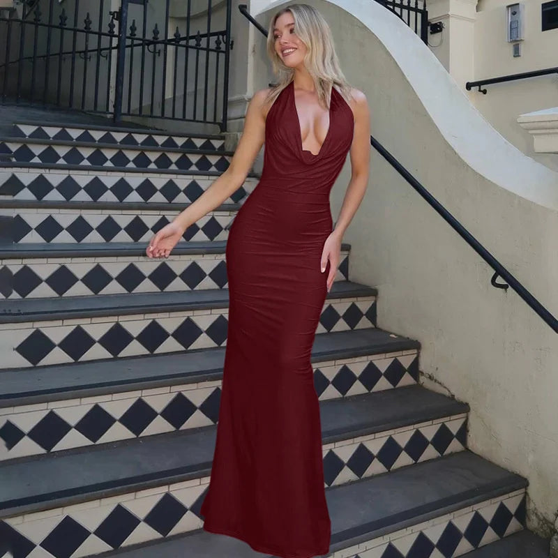 Mozision Deep V-neck Lace-up Sexy Maxi Dress For Women Elegant Off-shoulder Sleeveless Halter Fashion Backless Club Party Dress