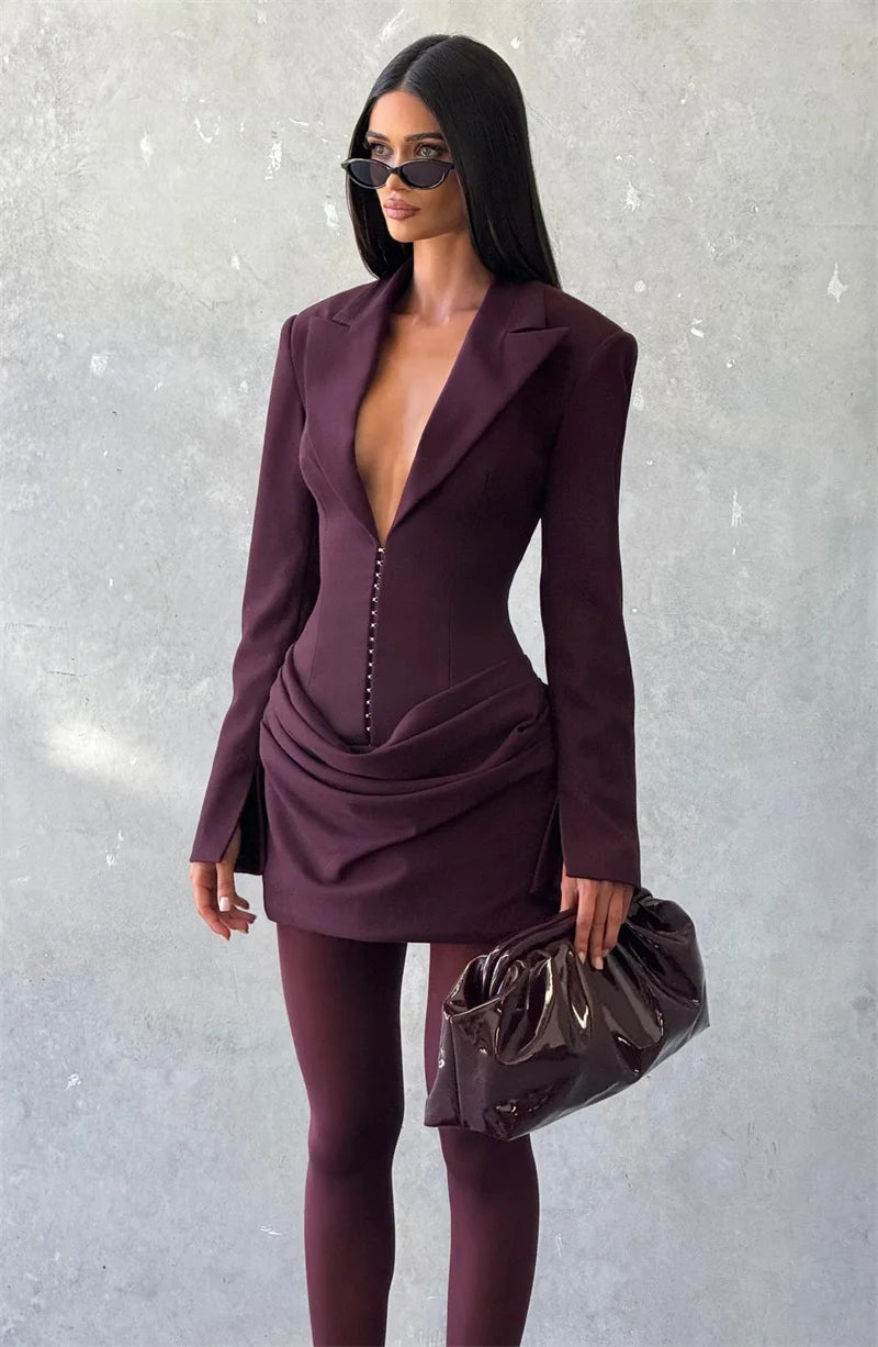 Mozision Long Sleeve Deep V Neck Ruched Sexy Mini Dress Women Autumn Winter Fashion High Waist Club Party Blazer Dresses Female