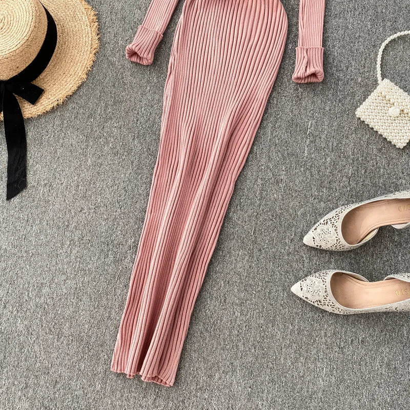 Women's Knitted Midi Dr Pure Color Long Sve Slim Fit High Waist V-Ne Korean Sle Faionable Autumn Winter Dr