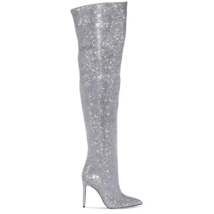 High quality European and American knee length rhinestone pile boots for women's sexy slim high heeled pointed runway boots