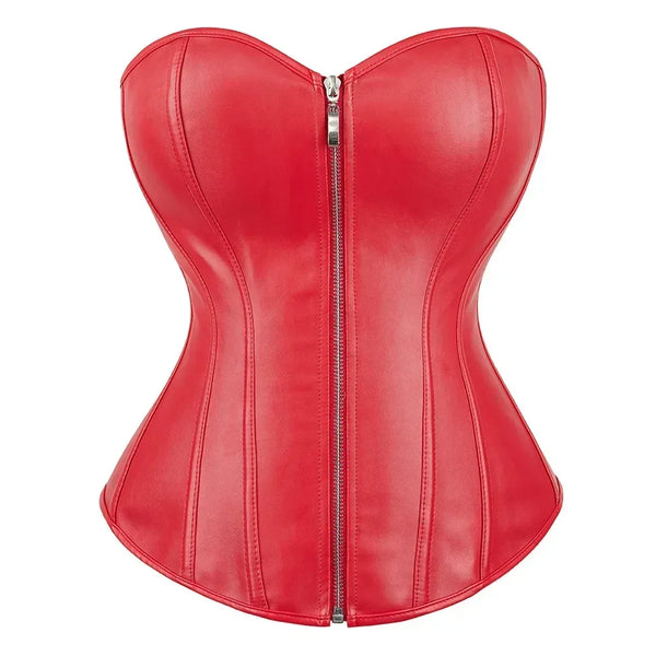 Red Black PU Leather Bustier Tops Zipper Steampunk Corset Korset Overbust Body Shaper Women Sexy Basque Wofashion.xyz