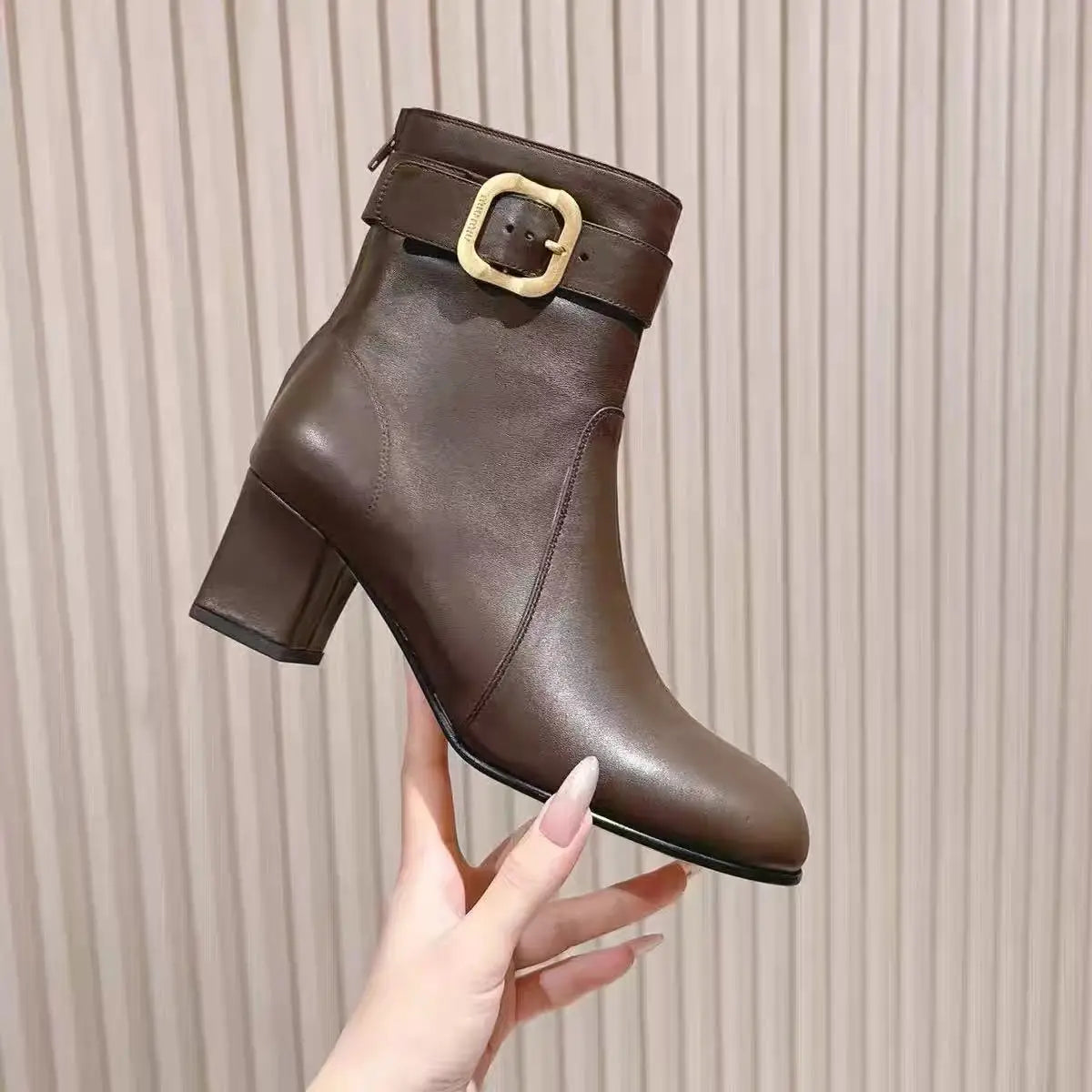 European and American Sexy Hot Girl Belt Buckle Thick High Heels Round Toe Back Zipper Knee Highboots Women's Retro Elasticshoes