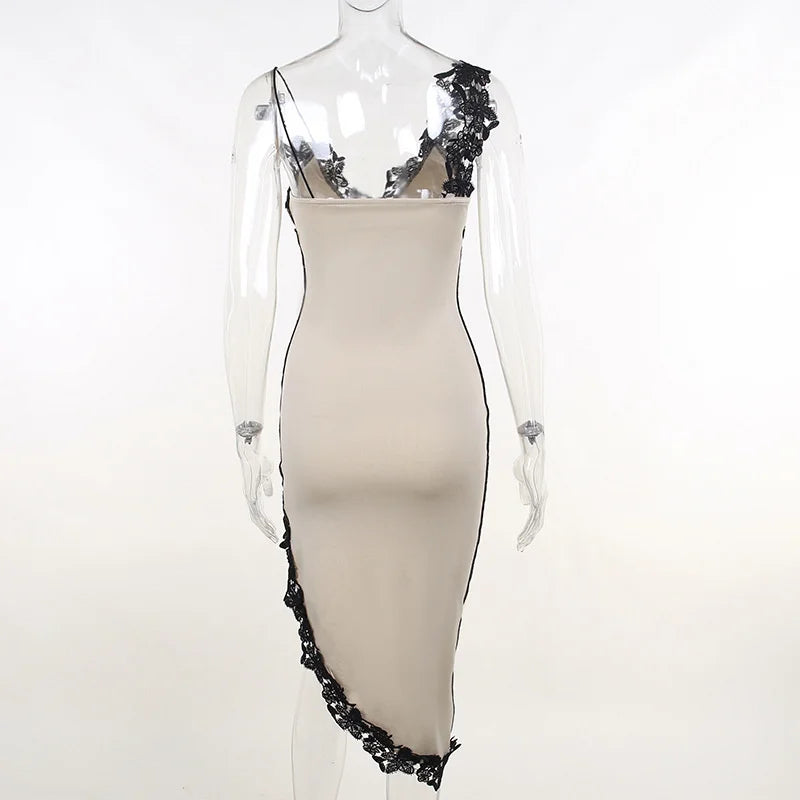 Mozision Lace High Split Sexy Midi Dress For Women Robe 2023 New Spaghetti Strap Sleeveless Deep V Neck Party Long Dress Vestido