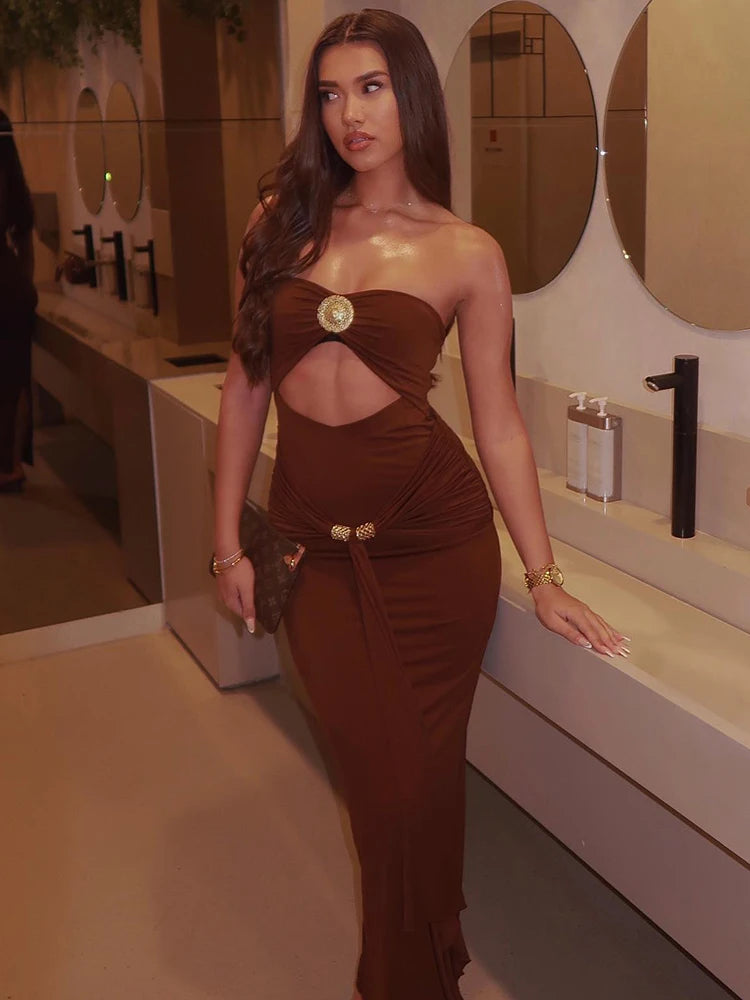 Mozision Hollow Out Backless Sexy Maxi Dress Women Gown Summer New Off-shoulder Strapless Sleeveless Ruched Club Long Dress