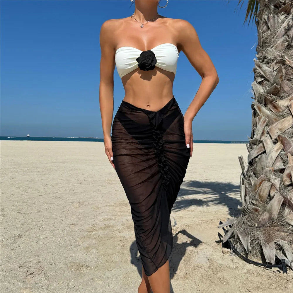 3D Flower Bandeau 3 Piece Bikini Set Damen Mesh Skirts Cover Up Swimwear Sexy Swimsuit Women Beach Swimming Wear Bikinis Bather