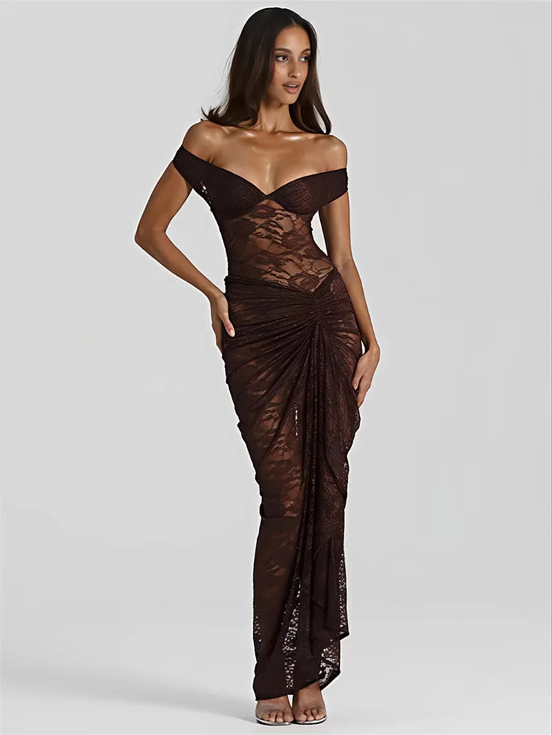 Mozision Lace See Through Sexy Two Piece Set Women Elegant Off-shoulder Backless Bodysuit And Maxi Skirt Matching Club Dress Set