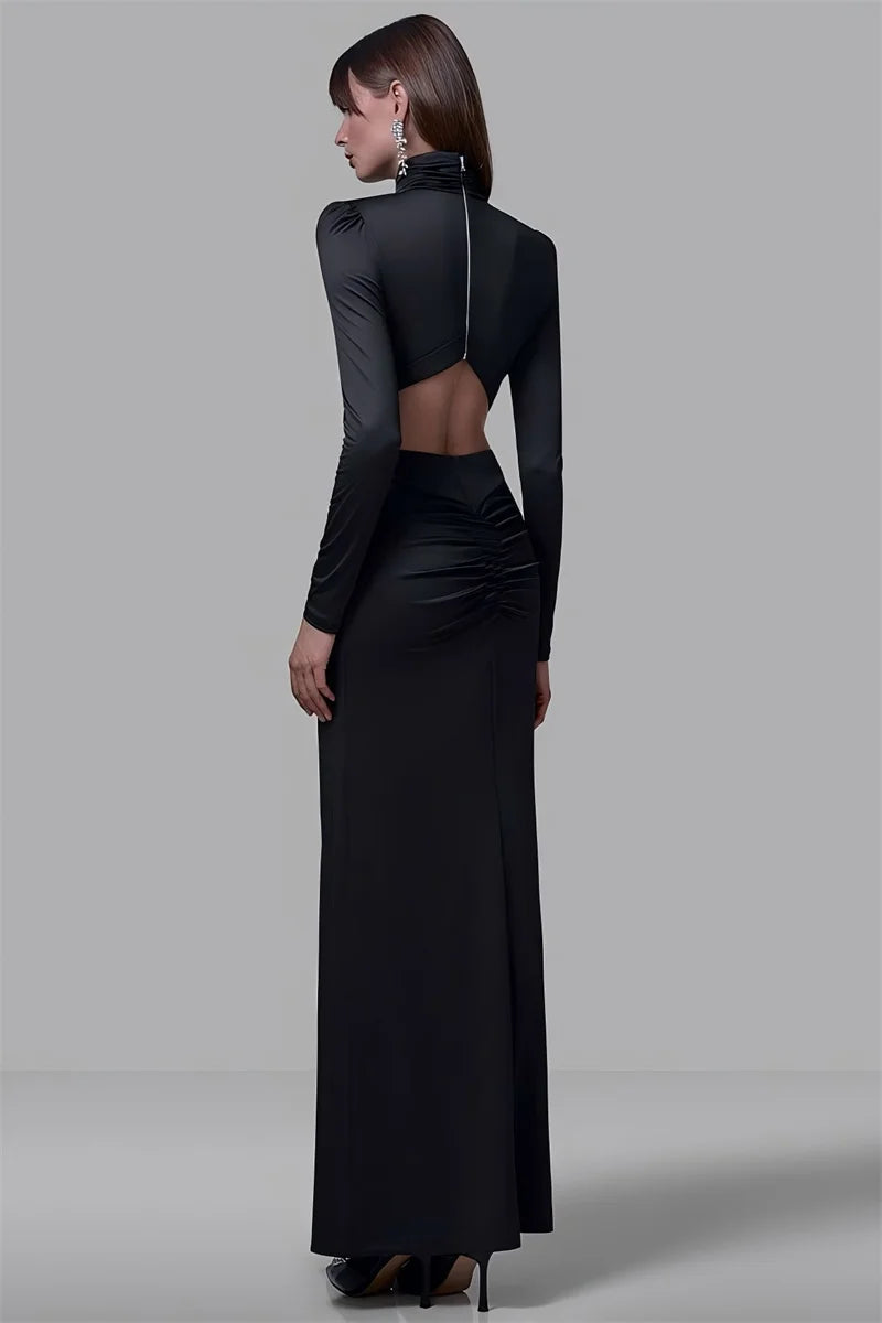 Mozision Turtleneck Backless Sexy Maxi Dress Women Gown Autumn Winter Elegant Long Sleeve Thigh High Split Club Party Long Dress