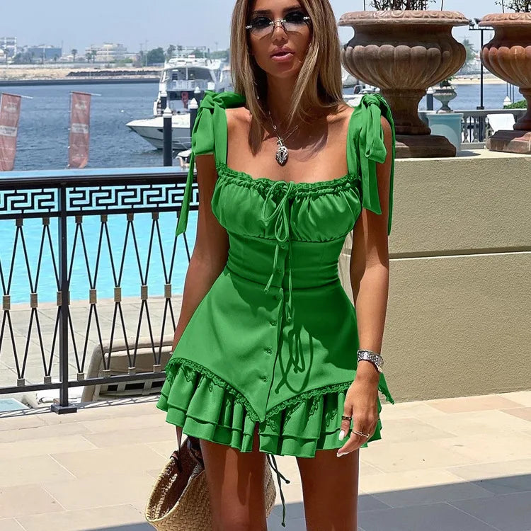 Mozision Sleeveless Ruffled Sexy Mini Dress For Women Robe Spaghetti Strap Backless Lace-up Bodycon Dress Elegant Clubwear